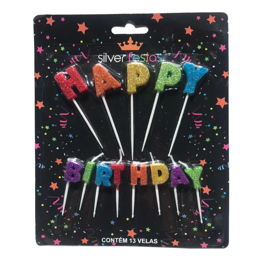 Vela Silver Plastic Happy Birthday Colorida Glitter 13 Und