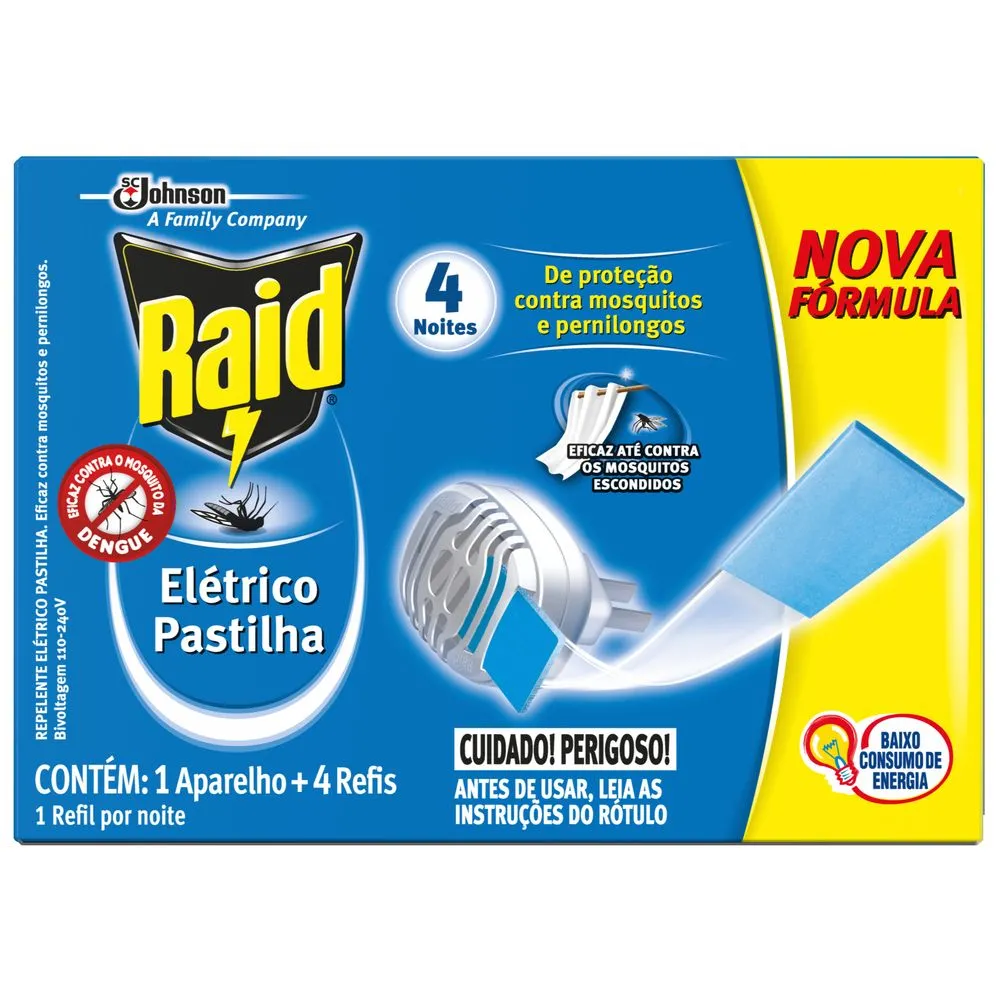 Kit 1 Aparelho + 4 Repelente Pastilha Elétrico 4 Noites Raid Refil