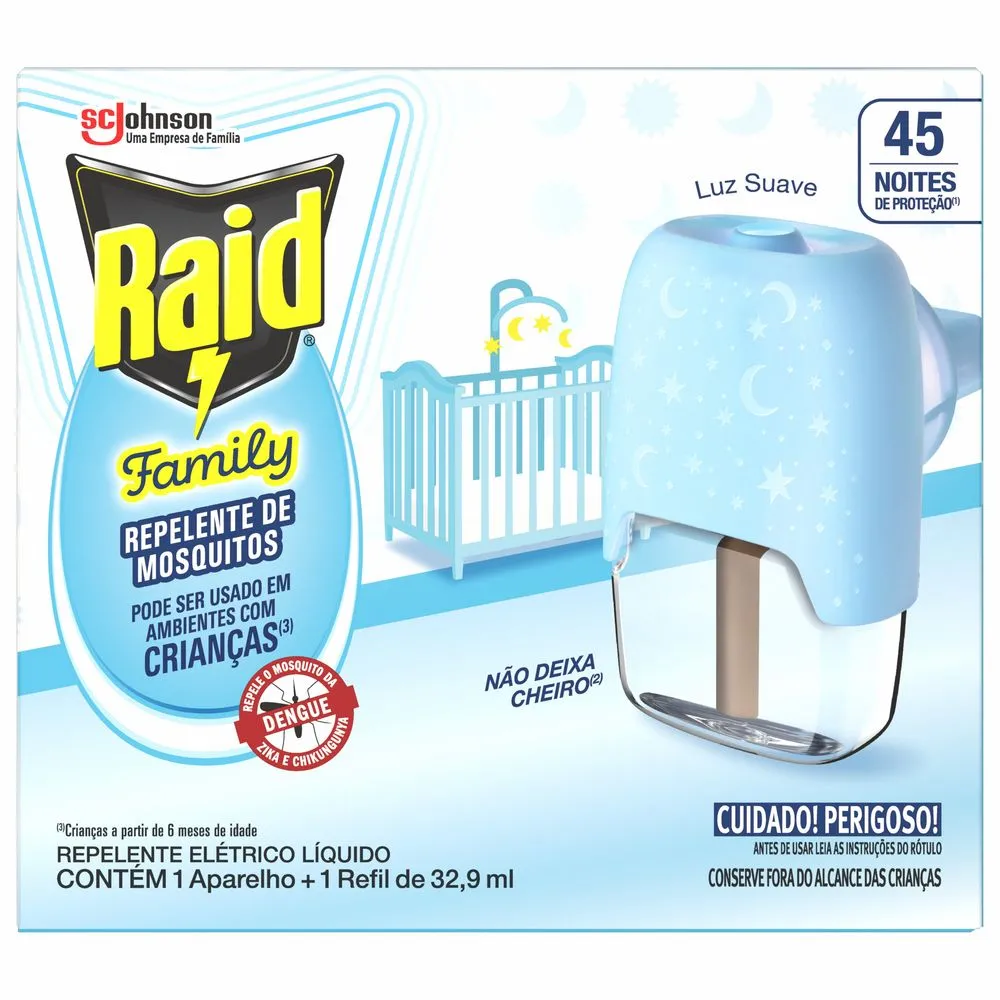 Kit Aparelho Elétrico + Refil Repelente Líquido 45 Noites Raid Family 32,9ml