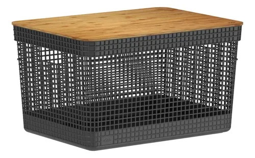 Cesto Ou Grid Com Tampa De Bambu 20L
