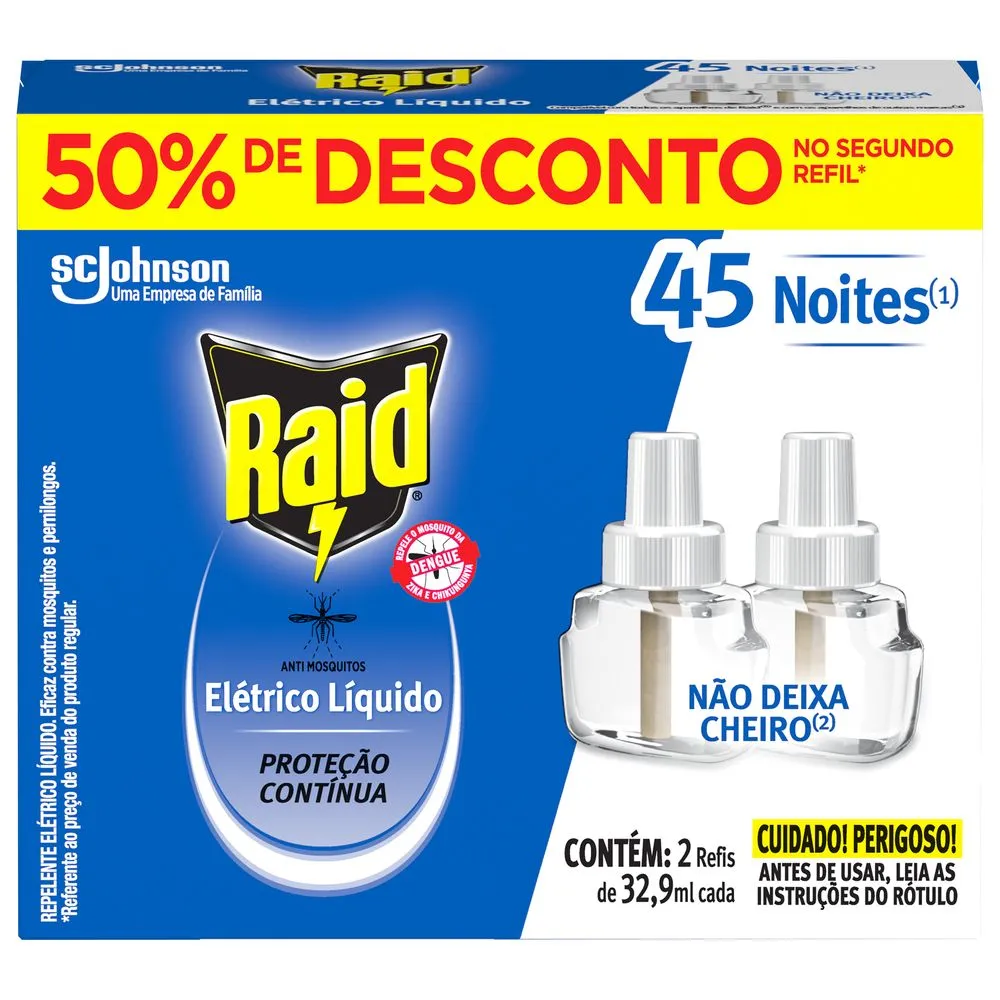 Repelente Líquido Elétrico 45 Noites Raid Caixa 2 Unidades 32,9ml Cada Grátis 50% de Desconto no Segundo Refil