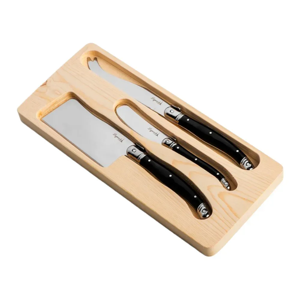 Jogo De Facas Laguiole 3Pcs De Luxo Para Queijo Em Bandeja De Madeira Marfim
